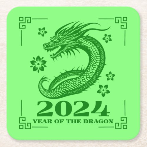 Year of the Dragon 2024 Chinese New Year in Green Square Paper Coaster