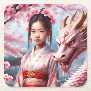Year of the Dragon 2024 - Girl between Kirschblü Square Paper Coaster