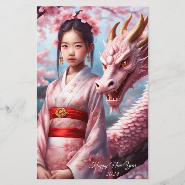 Year of the Dragon 2024 - Girl between Kirschblü Stationery (Front)