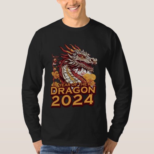 Year of the dragon 2024 Mens black long sleeve  T_Shirt