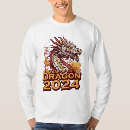 Year of the dragon 2024 Mens white long sleeve  T_Shirt