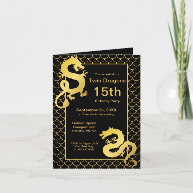 Year of the Dragon Black Gold Twin 15th Birthday Invitation (Front)