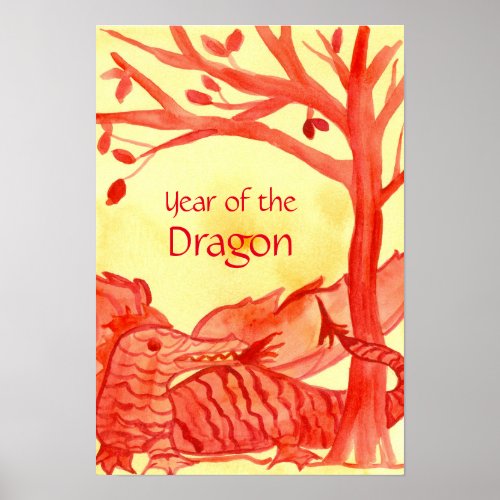 Year of the Dragon Chinese New Year Watercolor Red Poster