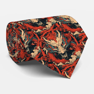 Year of the Dragon Chinese Red and Green Neck Tie