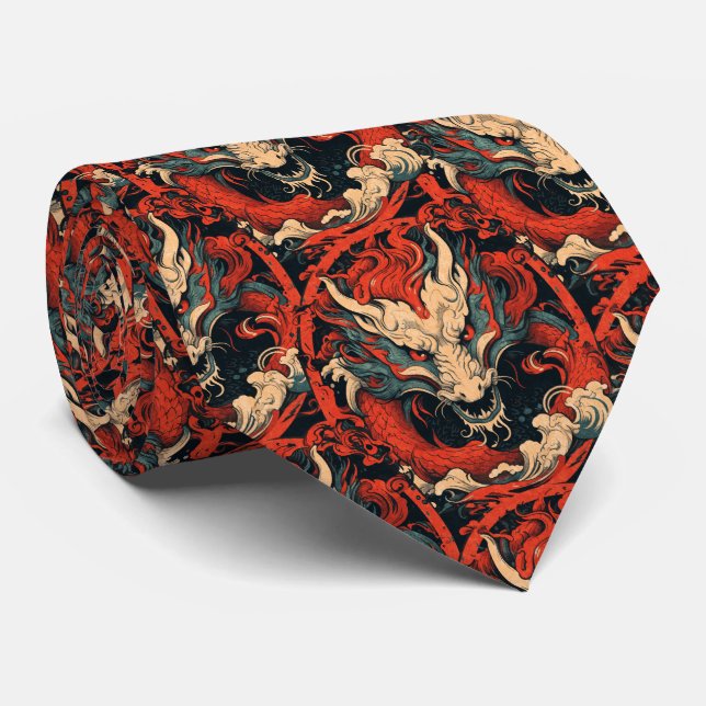 Year of the Dragon Chinese Red and Green Neck Tie (Rolled)