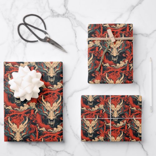 Year of the Dragon Chinese Red and Green Wrapping Paper Sheets