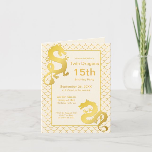 Year of the Dragon Gold Twin 15th Birthday Party Invitation (Front)