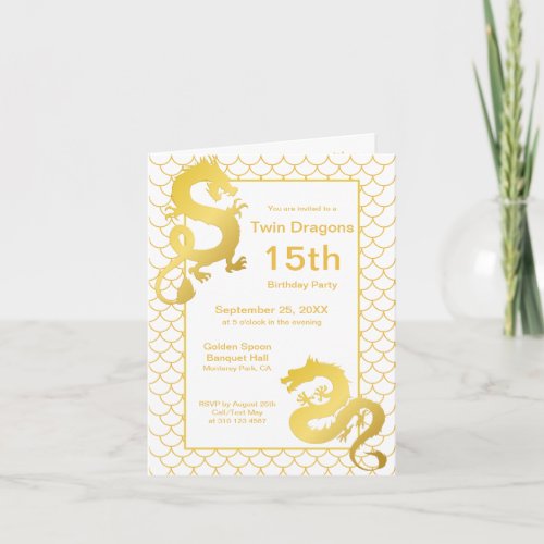 Year of the Dragon White Gold Twin 15th Birthday Invitation