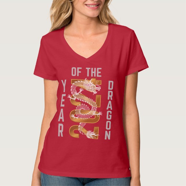 Year of the Dragon Year 2024 White Gray Gold T-Shirt (Front)