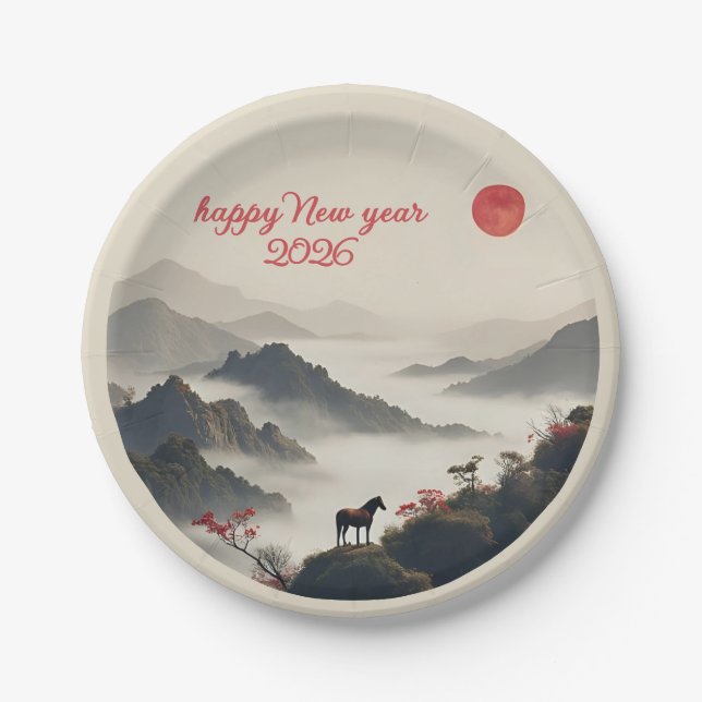 Year of the Horse 2026 Chinese New Year Mountain  Paper Plates (Front)
