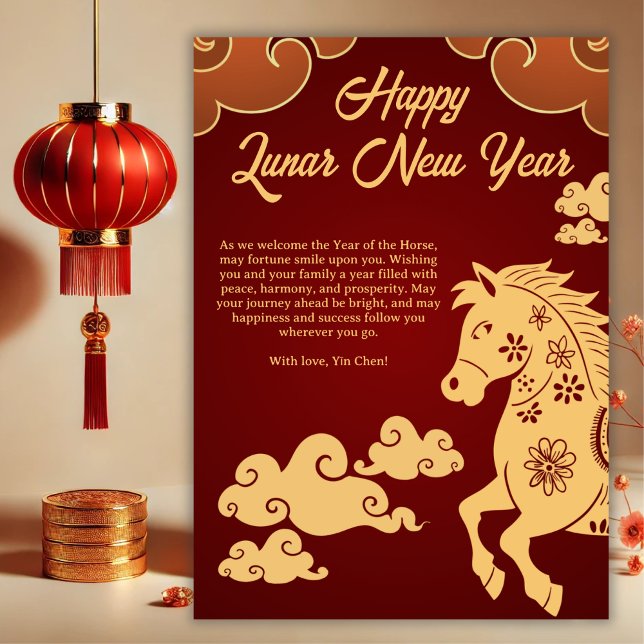 Year of the Horse Chinese New Year Holiday Card (Year of the Horse Chinese New Year Card – Personalized Red & Gold Greeting)