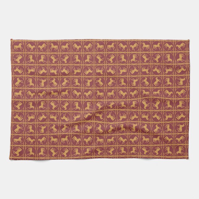 Year of the Horse Maroon and Gold Kitchen Towel (Horizontal)