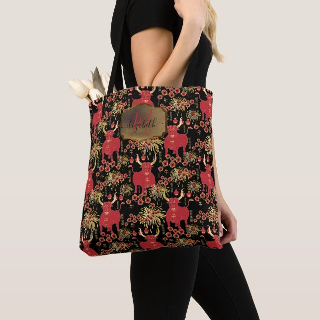 Year of the Ox Chinese New Year Red | Gold | Black Tote Bag (Close Up)