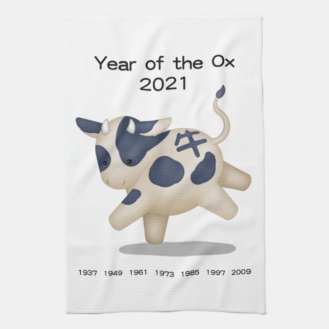 Year of the Ox Cute Zodiac Animal 2021 Kitchen Towel (Vertical)