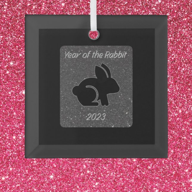 Year of the Rabbit Black Glitter Design Glass Ornament (Creator Uploaded)
