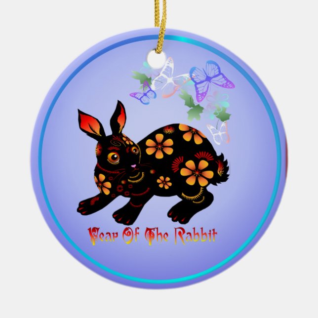 Year Of The Rabbit In Black-Ornaments Ceramic Ornament (Front)