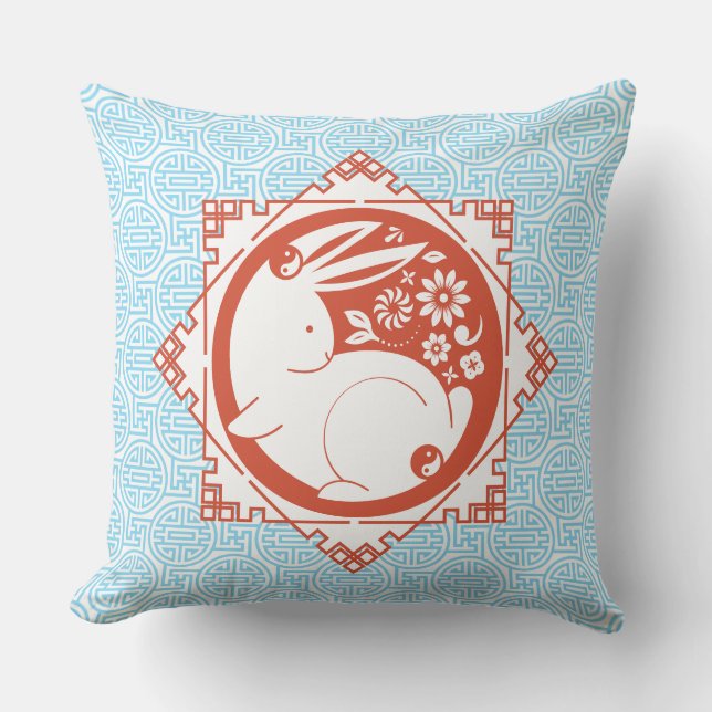 Year of the Rabbit Mantras Chinese New Year Blue Throw Pillow (Front)