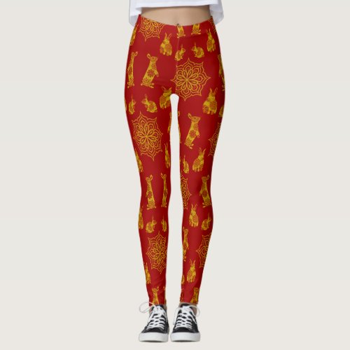 Year of the Rabbit Red and Gold Mandala Pattern Leggings