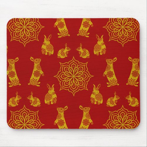 Year of the Rabbit Red and Gold Mandala Pattern Mouse Pad