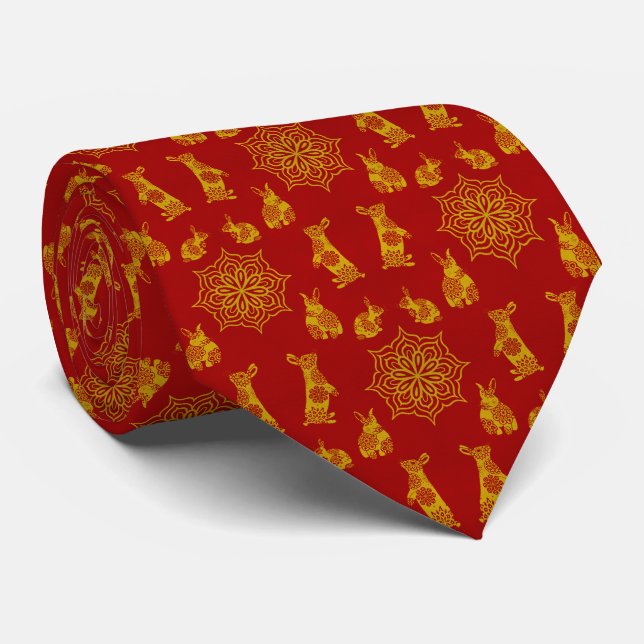 Year of the Rabbit Red and Gold Mandala Pattern Neck Tie (Rolled)