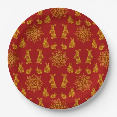 Year of the Rabbit Red and Gold Mandala Pattern Paper Plates