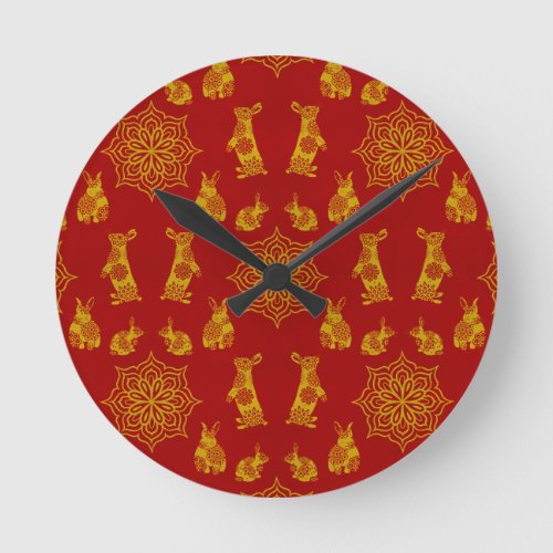 Year of the Rabbit Red and Gold Mandala Pattern Round Clock