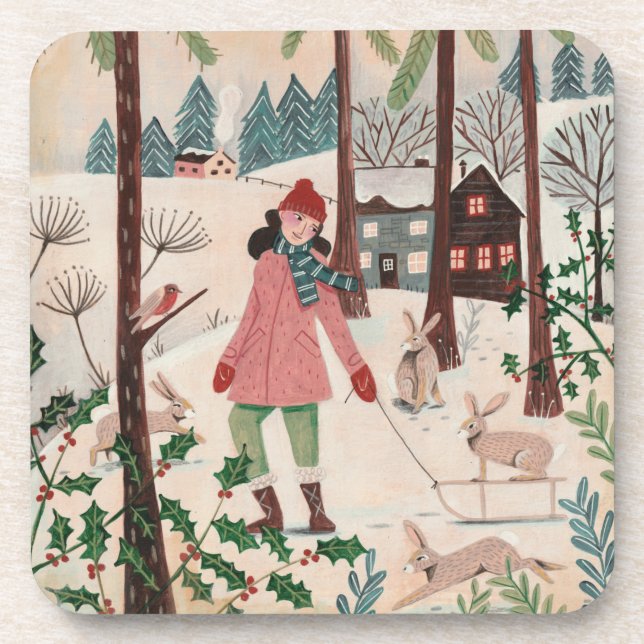 Year of the rabbit woman in the snow  beverage coaster (Front)