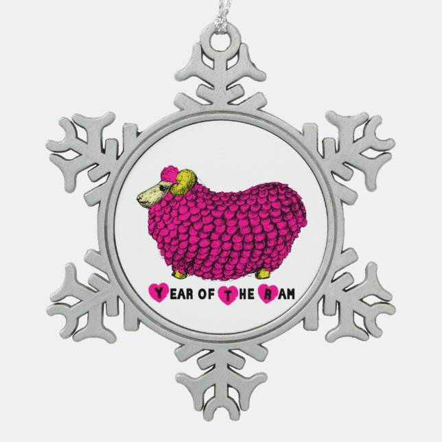 Year of the Ram - Funny Ram in Pink Snowflake Pewter Christmas Ornament (Front)