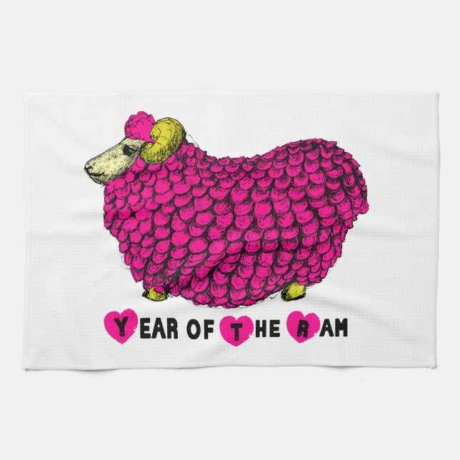 Year of the Ram Sheep or Goat Pink Kitchen Towel (Horizontal)