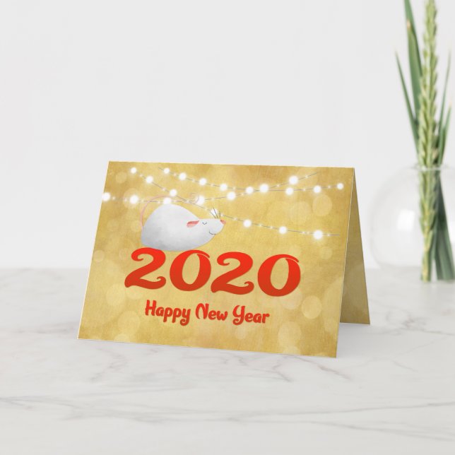 Year of the Rat 2020 Cute White Rat on Gold Holiday Card (Front)
