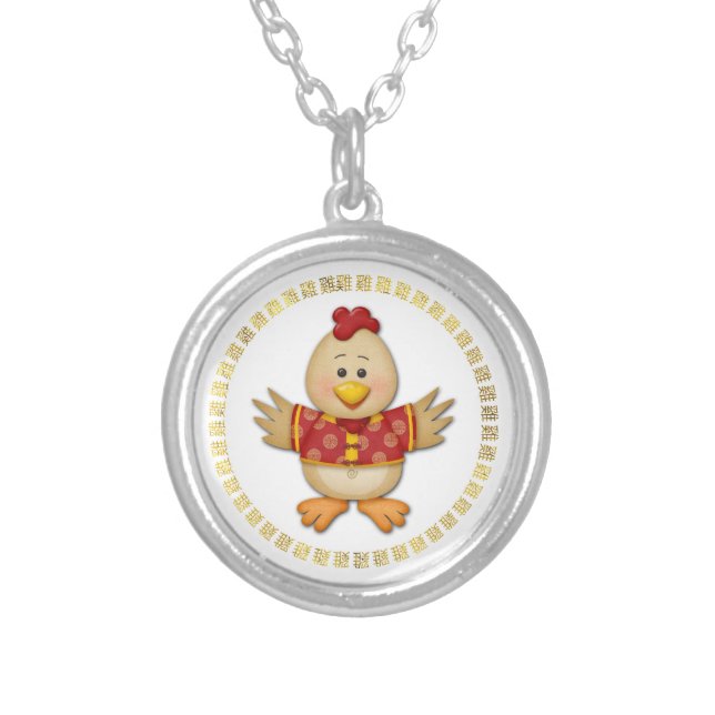 Year of The Rooster Cute Funny Rooster Silver Plated Necklace (Front)
