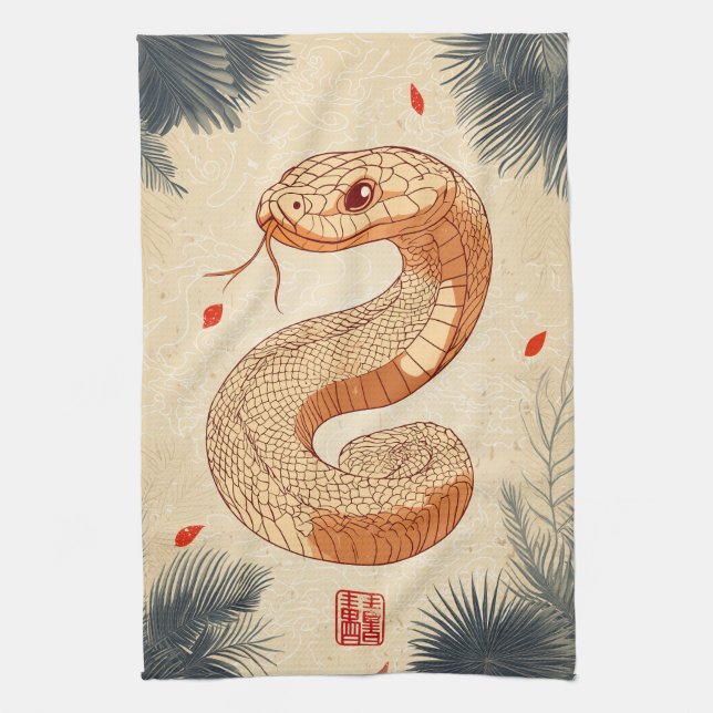 Year of The Snake Majestic Cobra Double Happiness Kitchen Towel (Vertical)