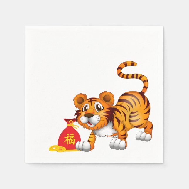 Year of the Tiger Cartoon Red Sack Napkins (Front)