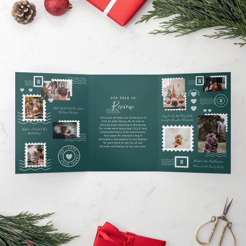 Year Review Family Photos Postage Stamp Collage Tri_Fold Invitation