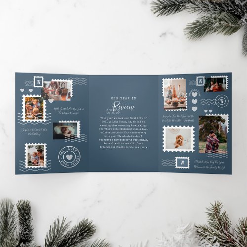 Year Review Family Photos Postage Stamp Collage Tri_Fold Invitation