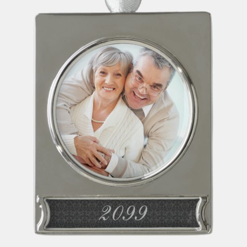 Year Specific Charcoal Damask with Photo Silver Plated Banner Ornament