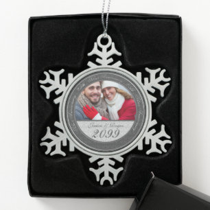 Year Specific Silver Wedding Annivesary Photo Snowflake Pewter Christmas Ornament