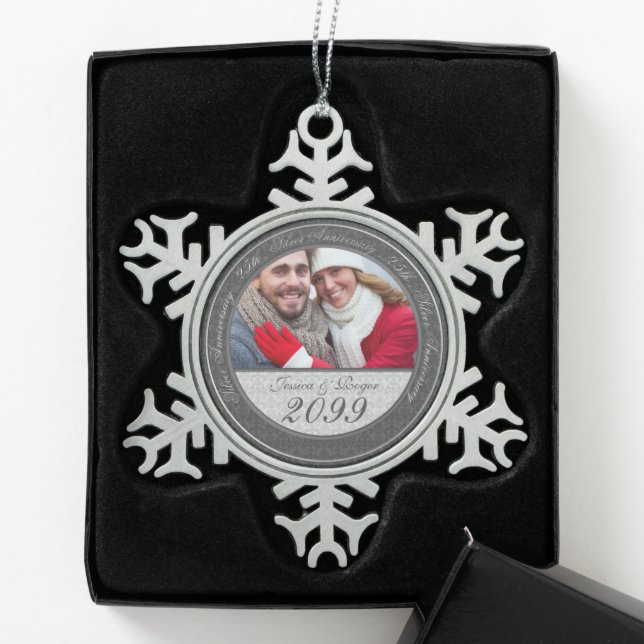 Year Specific Silver Wedding Annivesary Photo Snowflake Pewter Christmas Ornament (Box)