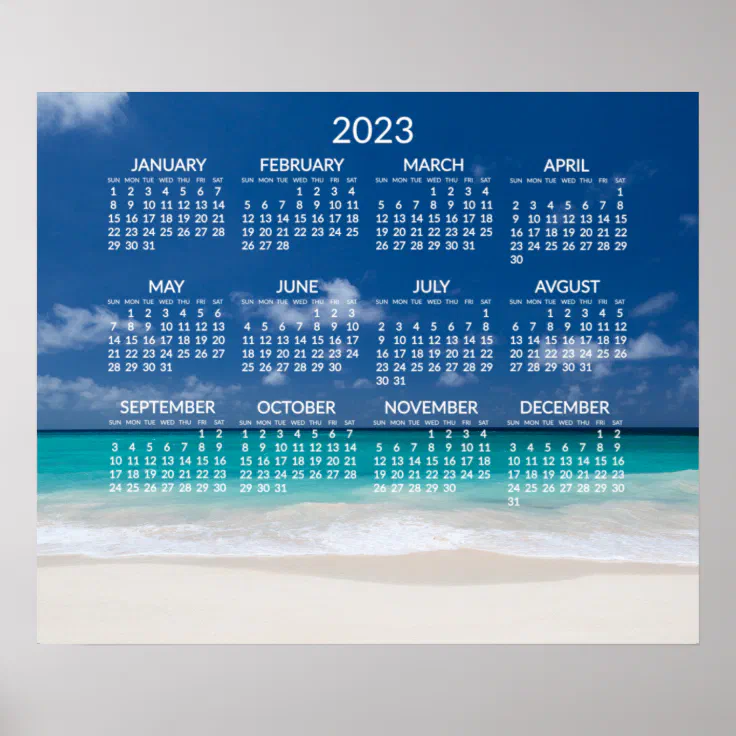 Yearly Beach Calendar 2023 With Photo Poster | Zazzle
