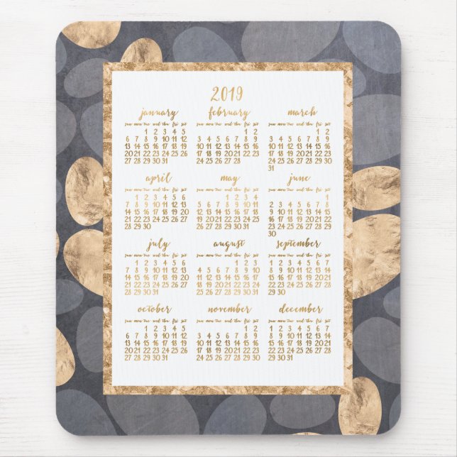 Yearly Calendar 2019 Mouse Gold Foil Dark Gray Mouse Pad (Front)