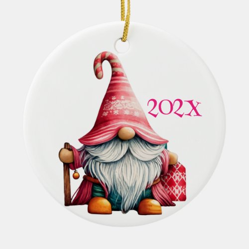 Yearly Customized Photo Pink Gnome  Ceramic Ornament