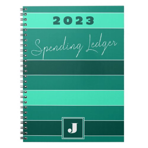 Yearly Spending Ledger Green Teal Stripes Initial Notebook