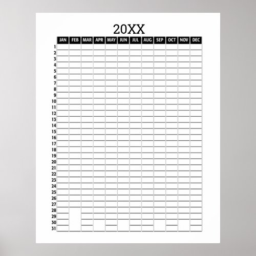 Yearly View Calendar _ Black White Goal Planner Poster