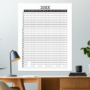 Yearly View Calendar - Black White Goal Planner Poster