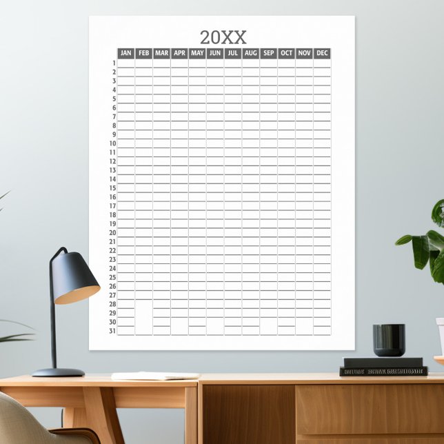 Yearly View Calendar -- Gray White Goal Planner Poster (any year - calendar poster)