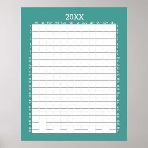 Yearly View Calendar _ Teal White Goal Planner Poster
