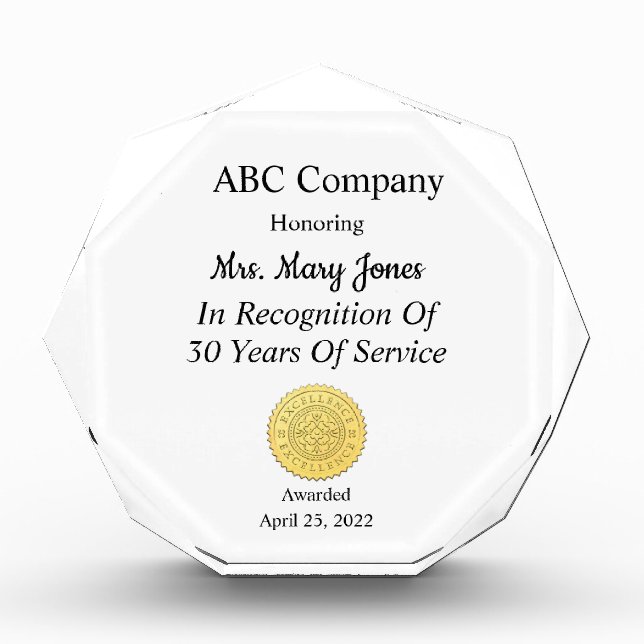 Years of Services  Acrylic Award (Front)