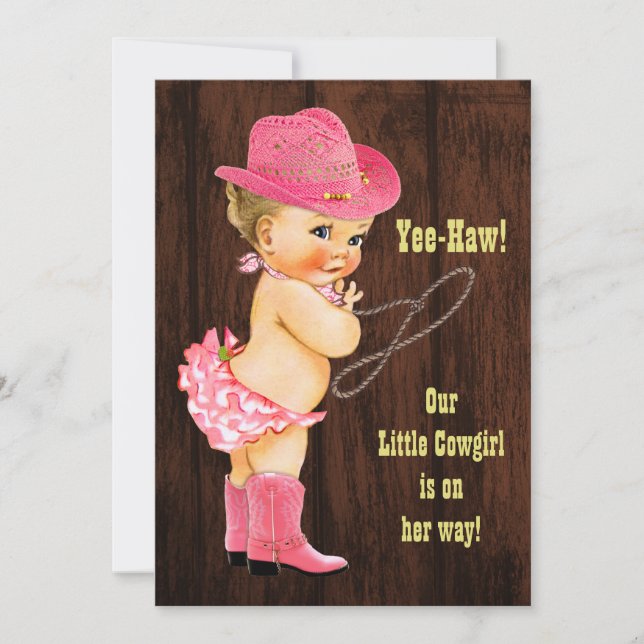 Yee-Haw! Blonde Cowgirl Rustic Baby Shower Invitation (Front)