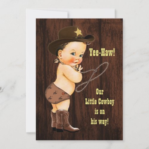 Yee_Haw Brunette Cowboy Rustic Baby Shower Invitation