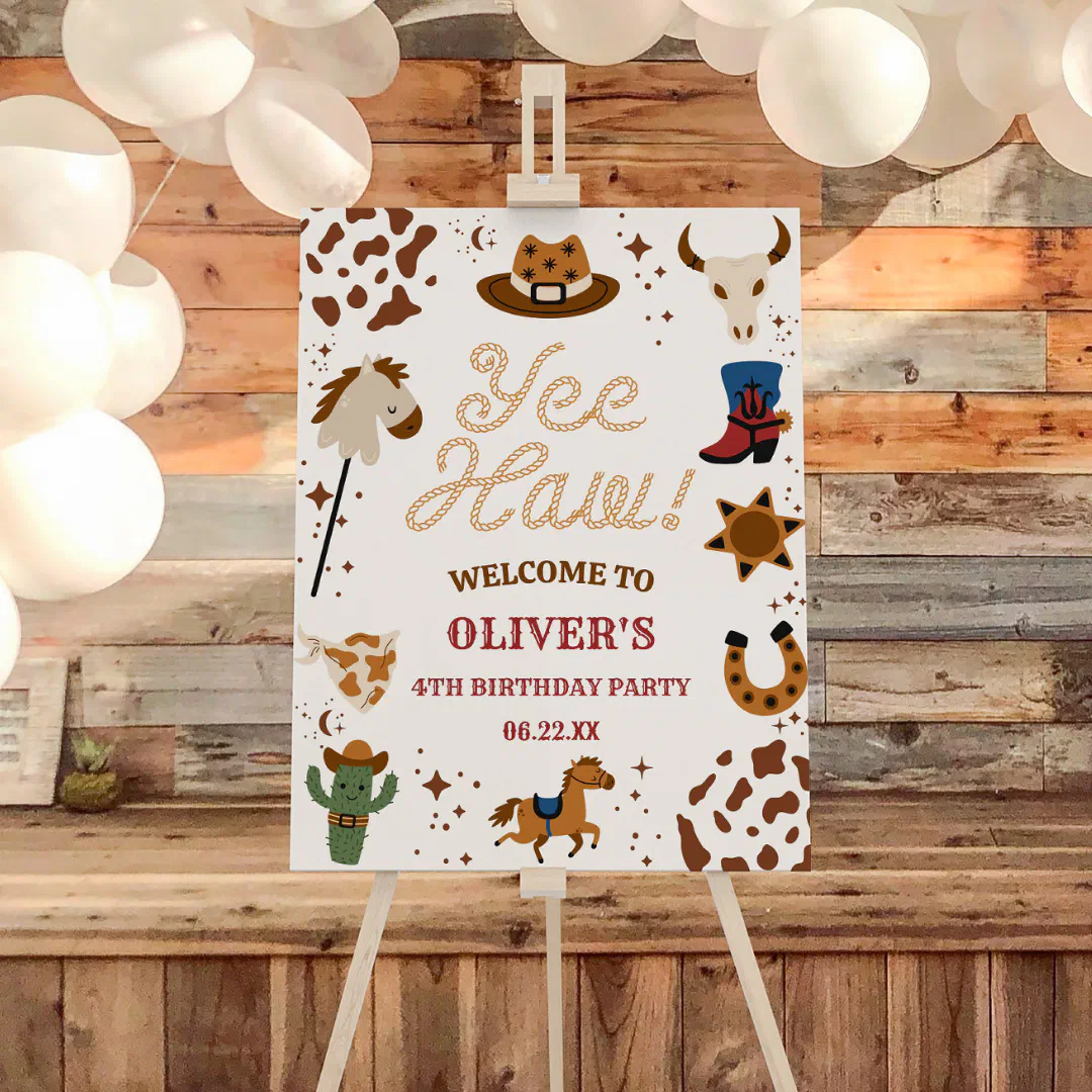 Wooden panelled background with a few white balloons. The poster includes cartoon-like potraits of a horse, bull, cowboy boot, sheriff badge, horse show, cactus and brown cow prints.